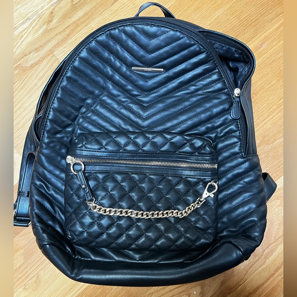 Aldo Black Quilted Backpack with Gold Chain Accent